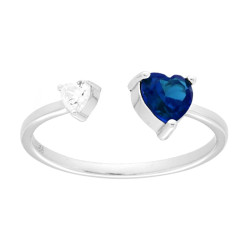 ANELLO BILOGY CUORE BLU ZAFFIRO E CUORE CUBIC ZIRCONIA BIANCO IN ARGENTO 925 GALVANICA RODIO