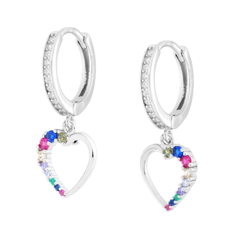 ORECCHINI CERCHIO CON CUORE E CUBIC ZIRCONIA MULTICOLOR IN ARGENTO 925 GALVANICA RODIO