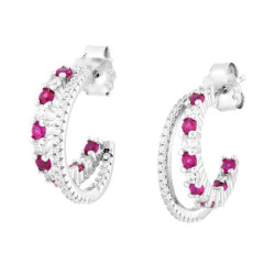 ORECCHINI CERCHIO DOPPIA CANNA CON CUBIC ZIRCONIA ROSSO RUBINO E BIANCHI IN ARGENTO 925 GALVANICA RODIO