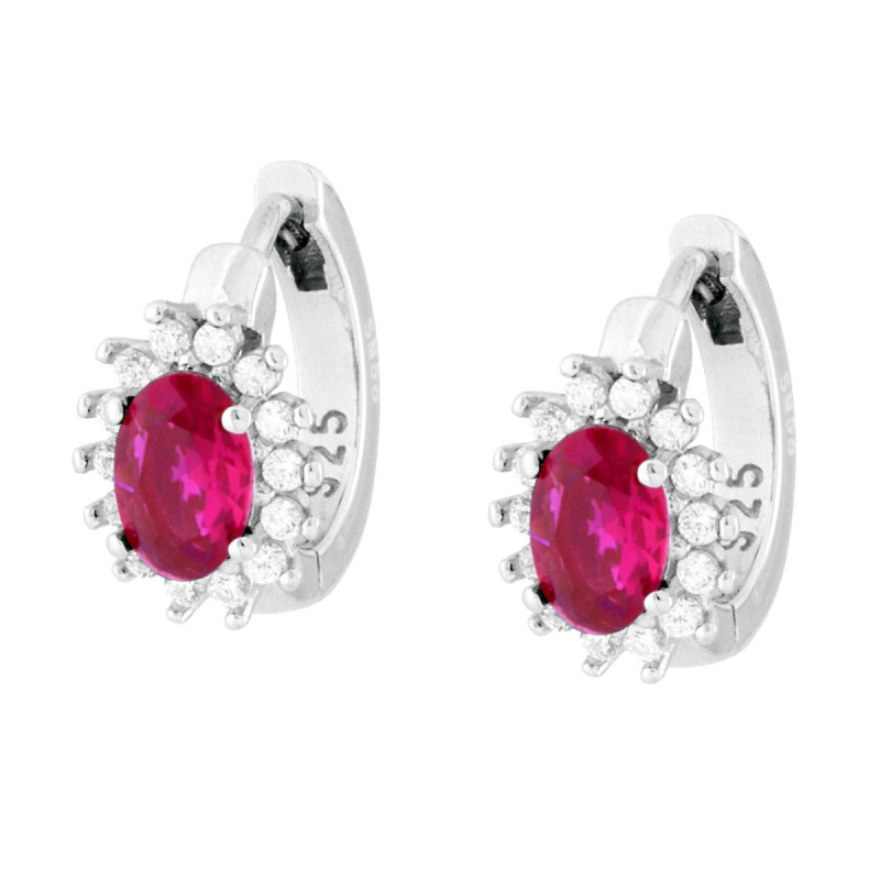 ORECCHINI CERCHIO CON OVALE ROSSO RUBINO CONTORNATO DA CUBIC ZIRCONIA BIANCHI IN ARGENTO 925 GALVANICA RODIO