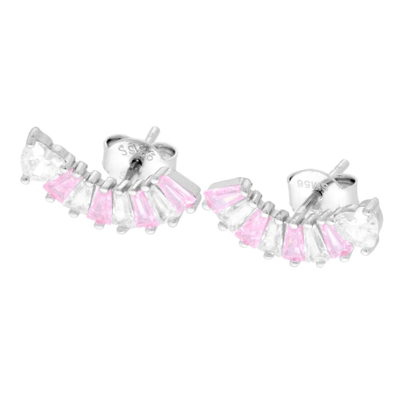 ORECCHINI CON CUORE E CUBIC ZIRCONIA ROSA E BIANCO TAGLIO TRAPEZIO IN ARGENTO 925 GALVANICA RODIO