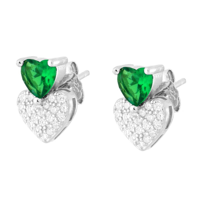 ORECCHINI CUORI VERDE SMERALDO E CUBIC ZIRCONIA BIANCHI IN ARGENTO 925 GALVANICA RODIO
