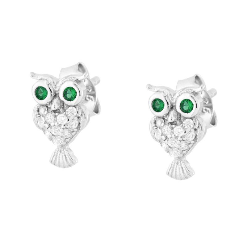 ORECCHINI GUFO CON CUBIC ZIRCONIA BIANCHI E VERDE SMERALDO IN ARGENTO 925 GALVANICA RODIO