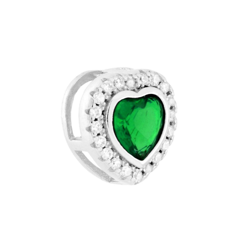 CIONDOLO CUORE VERDE SMERALDO CONTORNATO DA CUBIC ZIRCONIA BIANCHI IN ARGENTO 925 GALVANICA RODIO