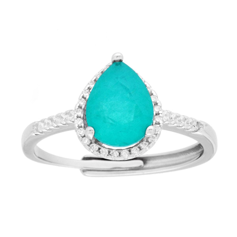 ANELLO HALO SOLITARIO GOCCIA PIETRA NATURALE TORMALINA PARAIBA E CUBIC ZIRCONIA BIANCHI IN ARGENTO 925 GALVANICA RODIO