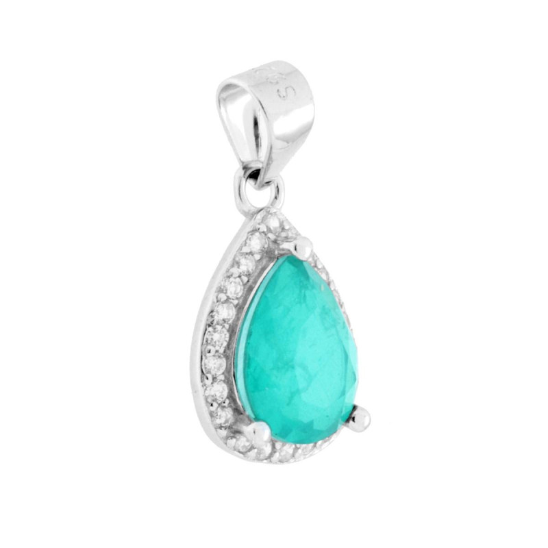 CIONDOLO GOCCIA PIETRA NATURALE TORMALINA PARAIBA CONTORNATI DA CUBIC ZIRCONIA BIANCHI IN ARGENTO 925 GALVANICA RODIO