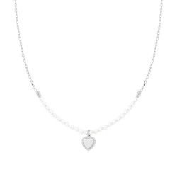 COLLANA CON CATENA FORZATINA DIAMANTATA E FILO PERLA BIANCA IN VETRO PERLATO CON CUORE E CUBIC ZIRCONIA BIANCHI IN ARGENTO 925 G