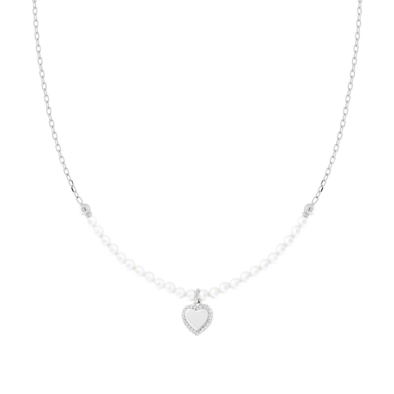 COLLANA CON CATENA FORZATINA DIAMANTATA E FILO PERLA BIANCA IN VETRO PERLATO CON CUORE E CUBIC ZIRCONIA BIANCHI IN ARGENTO 925 G