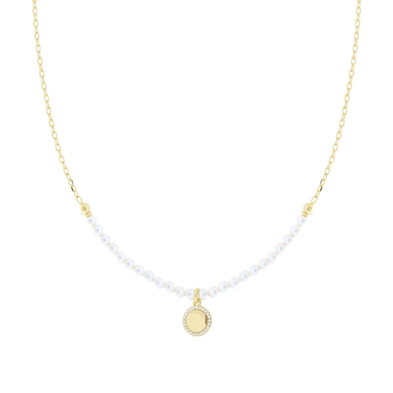COLLANA CON CATENA FORZATINA DIAMANTATA E FILO PERLA BIANCA IN VETRO PERLATO CON TONDO E CUBIC ZIRCONIA BIANCHI IN ARGENTO 925 G