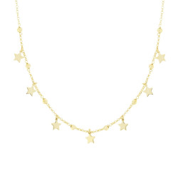 COLLANA CATENA ROLO CON PALLINE DIAMANTATE E STELLE PLAIN PENDENTI IN ARGENTO 925 GALVANICA ORO