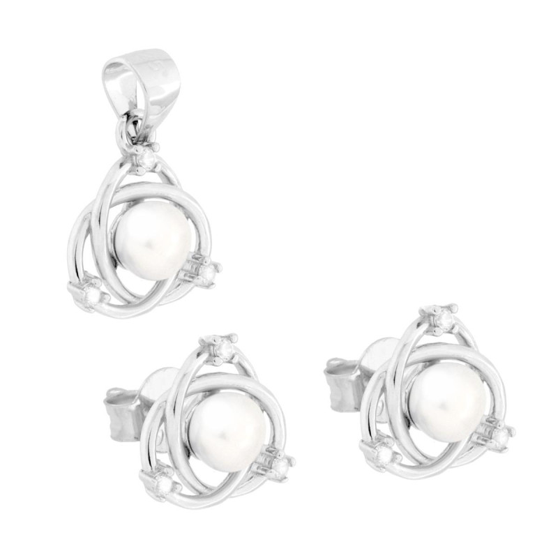 PARURE SET ORECCHINI E CIONDOLO GALASSIA CON PERLA E CUBIC ZIRCONIA BIANCHI IN ARGENTO 925 GALVANICA RODIO