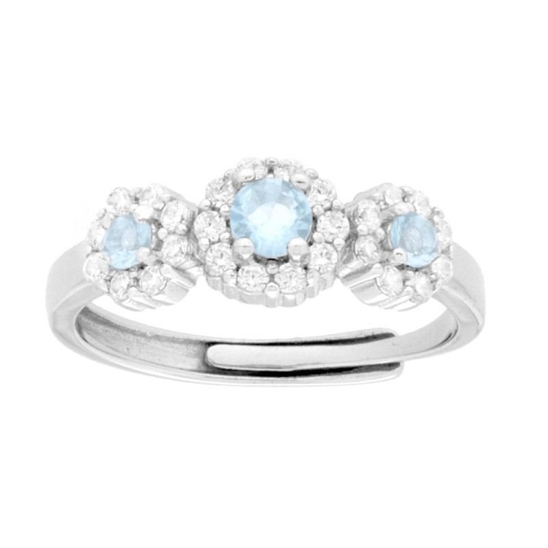 ANELLO TRILOGY FIORE ACQUAMARINA CONTORNATO DA CUBIC ZIRCONIA BIANCHI IN ARGENTO 925 GALVANICA RODIO