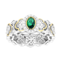 ANELLO FASCIA CON OVALE VERDE SMERALDO E CUBIC ZIRCONIA BIANCHI IN ARGENTO 925 GALVANICA RODIO E ORO