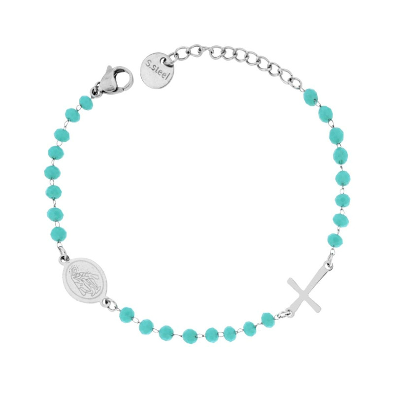 BRACCIALE ROSARIO CM 17+3 CON GRANI IN CRYSTAL COLORE TURCHESE MM 3.5 IN ACCIAIO