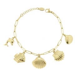 BRACCIALE CATENA FORZATINA ALLUNGATA CON CONCHIGLIE DELFINO E PESCI IN ACCIAIO COLORE ORO