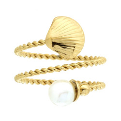 ANELLO CONTRARIE FILO TORCHON CON CONCHIGLIA E PERLA IN ACCIAIO COLORE ORO
