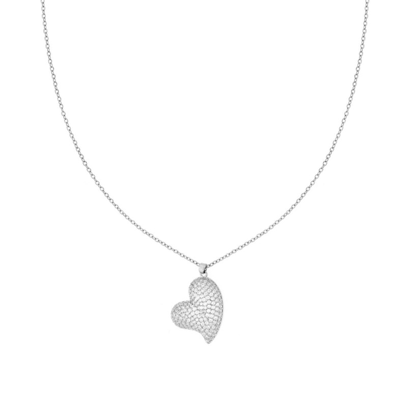COLLANA CATENA FORZATINA CON CUORE BOMBATO E CRYSTAL BIANCHI IN ACCIAIO