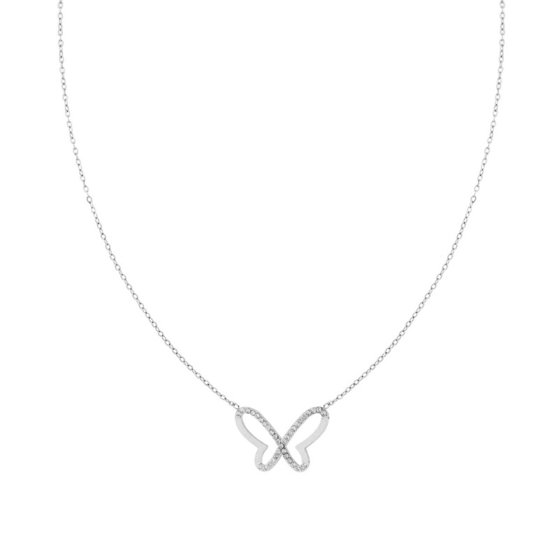 COLLANA CATENA FORZATINA CON FARFALLA E CRYSTAL BIANCHI IN ACCIAIO