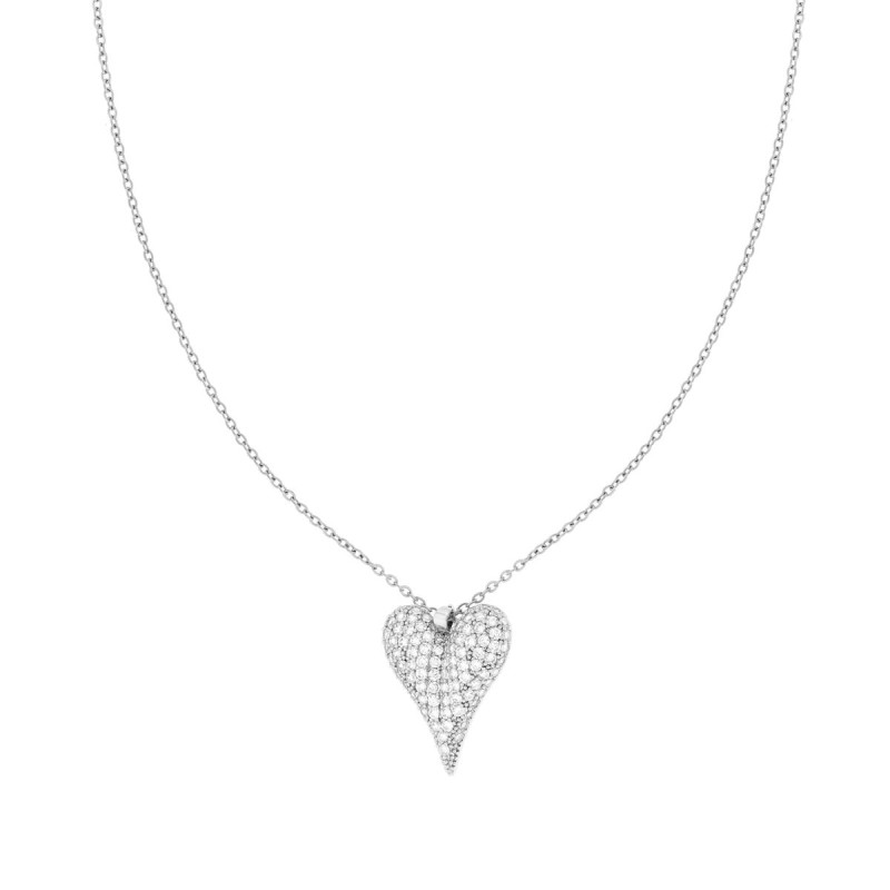 COLLANA CATENA FORZATINA CON CUORE BOMBATO E CRYSTAL BIANCHI IN ACCIAIO E OTTONE