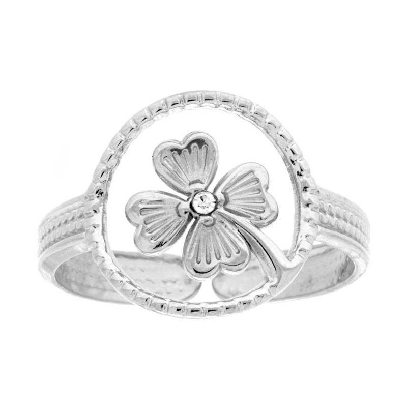 ANELLO PALLINATO CON QUADRIFOGLIO E CRYSTAL BIANCO IN ACCIAIO