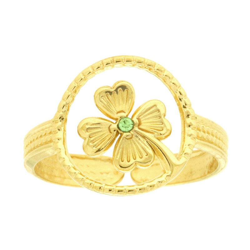 ANELLO PALLINATO CON QUADRIFOGLIO E CRYSTAL VERDE IN ACCIAIO COLORE ORO