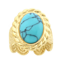 ANELLO FASCIA CON SPIRALI EFFETTO CORDA CON PIETRA OVALE COLORE TURCHESE IN ACCIAIO COLORE ORO