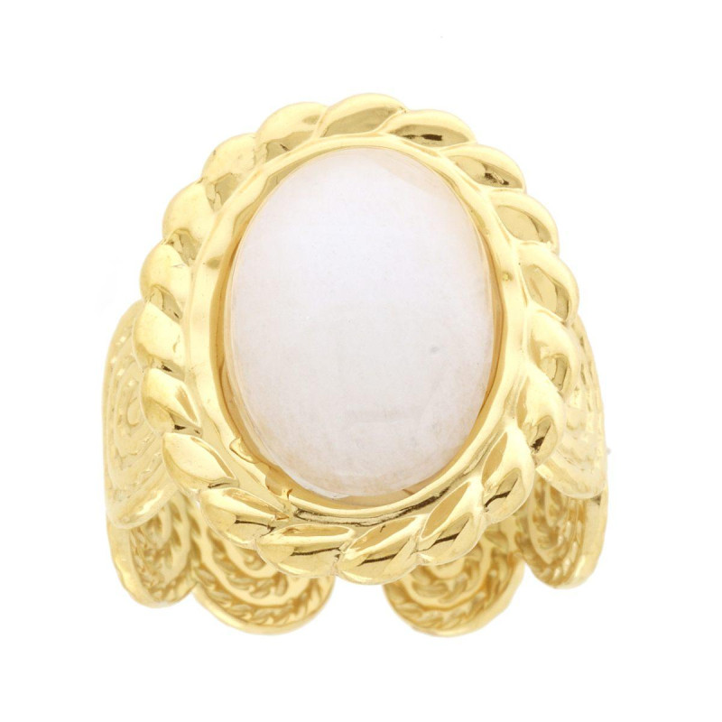 ANELLO FASCIA CON SPIRALI EFFETTO CORDA CON PIETRA OVALE COLORE QUARZO ROSA IN ACCIAIO COLORE ORO
