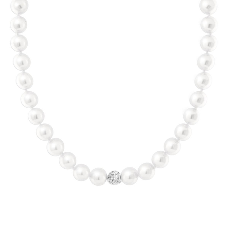 COLLANA FILO PERLE MM 12 CON SFERA CENTRALE CRYSTAL BIANCHI IN ACCIAIO