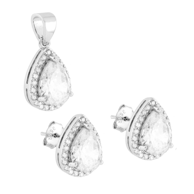 PARURE SET ORECCHINI E CIONDOLO GOCCIA CUBIC ZIRCONIA BIANCO CONTORNATO DA CUBIC ZIRCONIA BIANCHI IN ARGENTO 925 GALVANICA RODIO