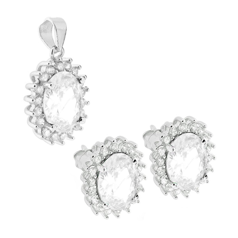 PARURE SET ORECCHINI E CIONDOLO OVALE CUBIC ZIRCONIA BIANCO CONTORNATO DA CUBIC ZIRCONIA BIANCHI IN ARGENTO 925 GALVANICA RODIO