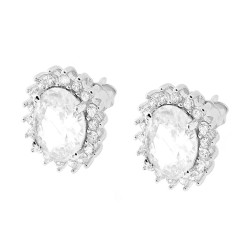 PARURE SET ORECCHINI E CIONDOLO OVALE CUBIC ZIRCONIA BIANCO CONTORNATO DA CUBIC ZIRCONIA BIANCHI IN ARGENTO 925 GALVANICA RODIO