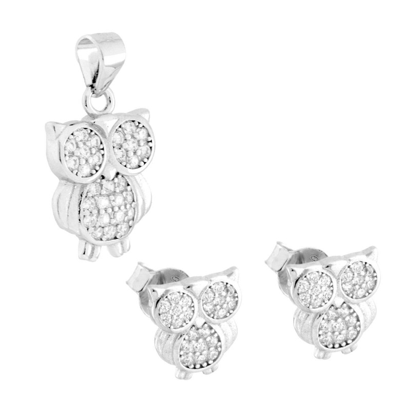 PARURE SET ORECCHINI E CIONDOLO GUFO CON CUBIC ZIRCONIA BIANCHI IN ARGENTO 925 GALVANICA RODIO