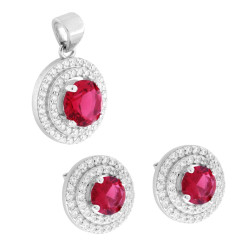 PARURE SET ORECCHINI E CIONDOLO TONDO ROSSO RUBINO CONTORNATO DA DUE GIRI DI CUBIC ZIRCONIA BIANCHI IN ARGENTO 925 GALVANICA ROD