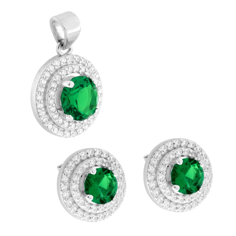 PARURE SET ORECCHINI E CIONDOLO TONDO VERDE SMERALDO CONTORNATO DA DUE GIRI DI CUBIC ZIRCONIA BIANCHI IN ARGENTO 925 GALVANICA R