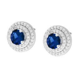 PARURE SET ORECCHINI E CIONDOLO TONDO BLU ZAFFIRO CONTORNATO DA DUE GIRI DI CUBIC ZIRCONIA BIANCHI IN ARGENTO 925 GALVANICA RODI