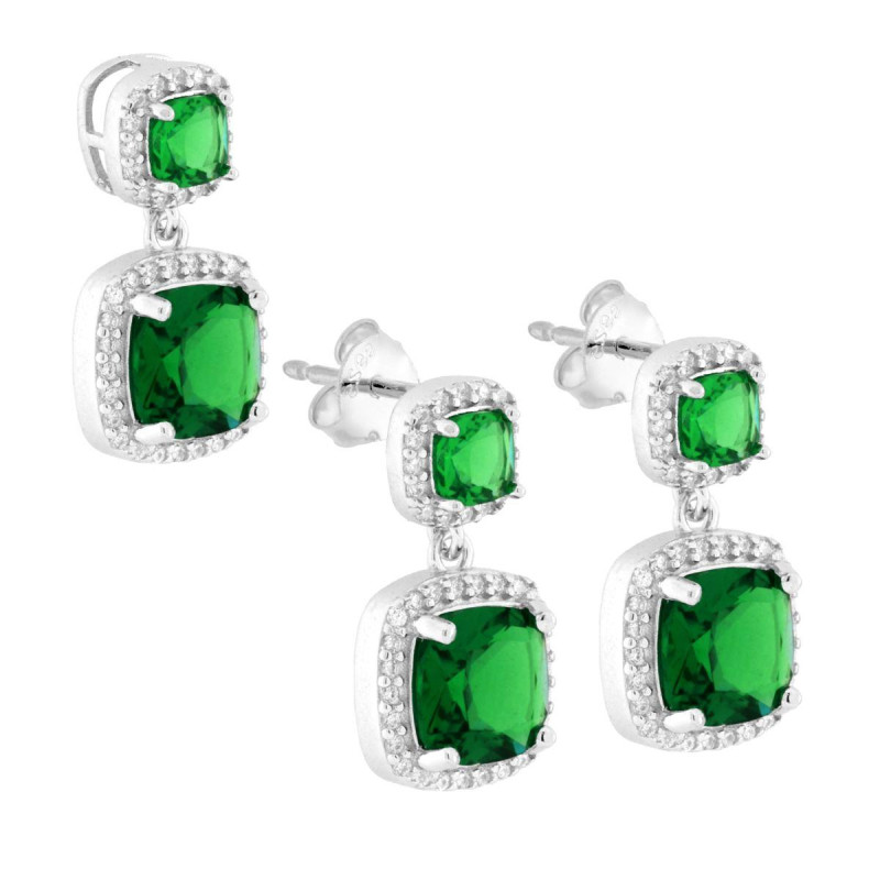 PARURE SET ORECCHINI E CIONDOLO QUADRATO CUSHION VERDE SMERALDO CONTORNATO DA CUBIC ZIRCONIA BIANCHI IN ARGENTO 925 GALVANICA RO
