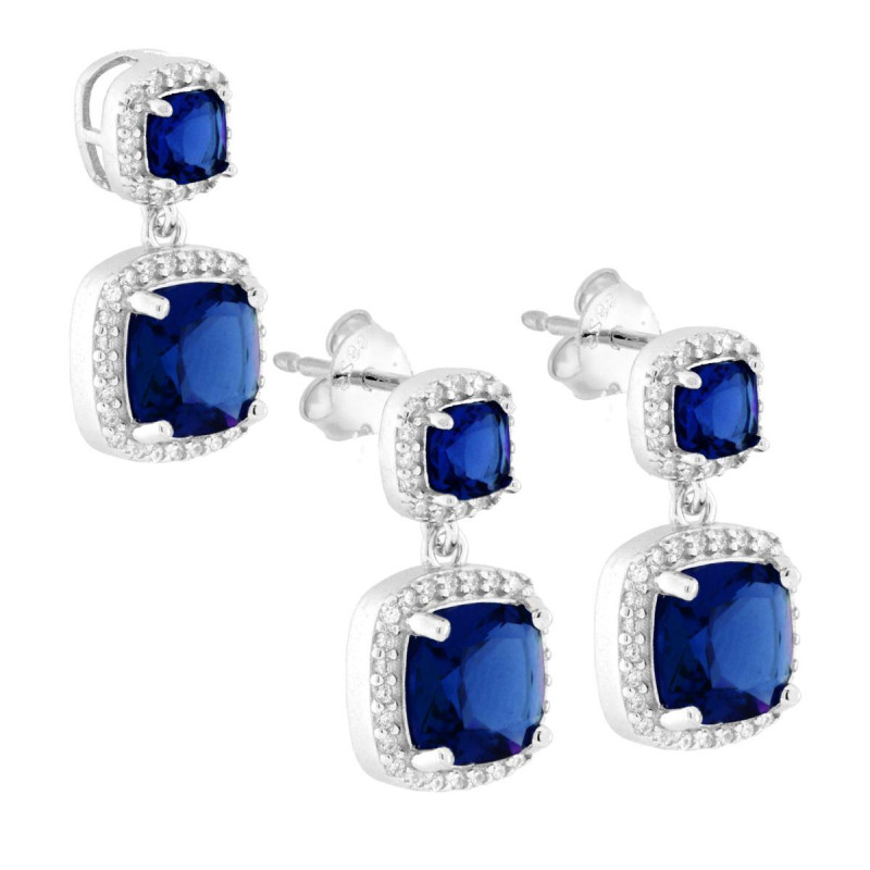 PARURE SET ORECCHINI E CIONDOLO QUADRATO BLU ZAFFIRO CONTORNATO DA CUBIC ZIRCONIA BIANCHI IN ARGENTO 925 GALVANICA RODIO