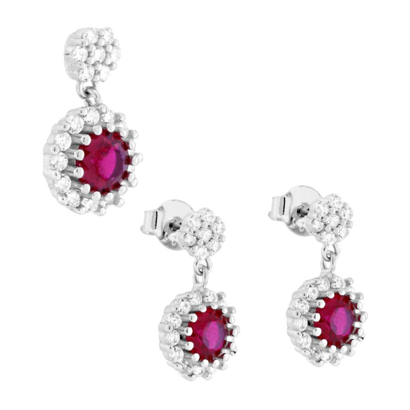 PARURE SET ORECCHINI E CIONDOLO TONDO PENDENTE ROSSO RUBINO CONTORNATO DA CUBIC ZIRCONIA BIANCHI IN ARGENTO 925 GALVANICA RODIO