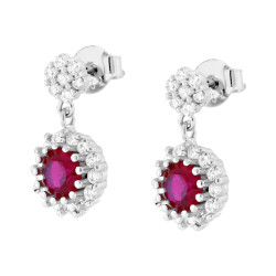 PARURE SET ORECCHINI E CIONDOLO TONDO PENDENTE ROSSO RUBINO CONTORNATO DA CUBIC ZIRCONIA BIANCHI IN ARGENTO 925 GALVANICA RODIO