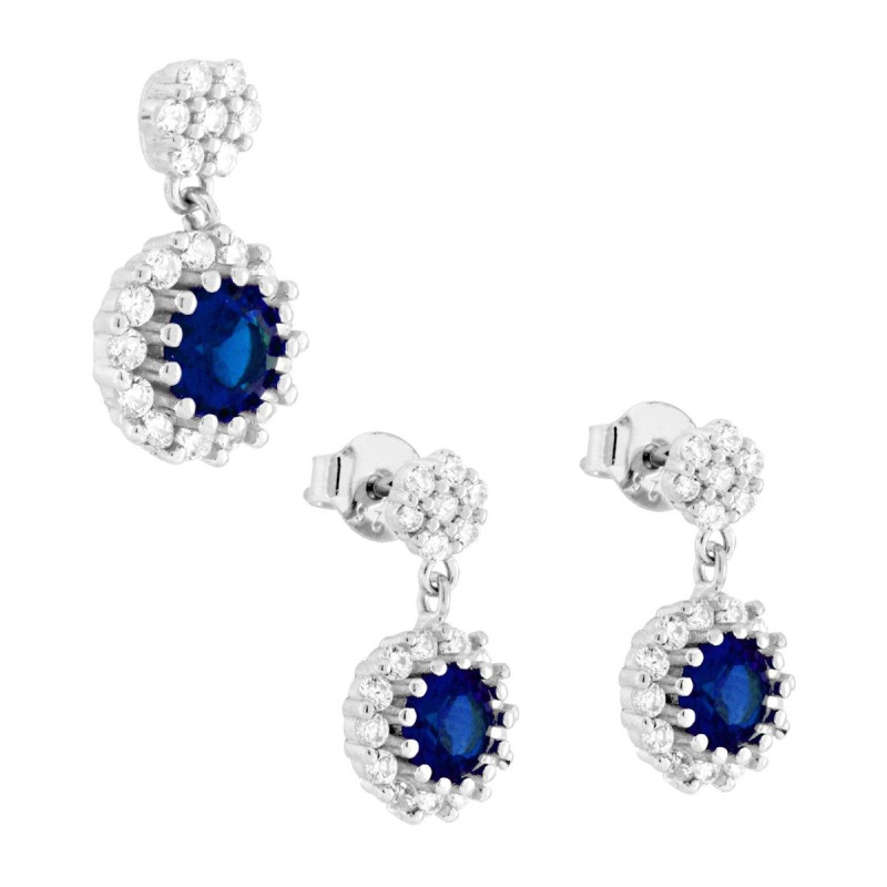 PARURE SET ORECCHINI E CIONDOLO TONDO PENDENTE BLU ZAFFIRO CONTORNATO DA CUBIC ZIRCONIA BIANCHI IN ARGENTO 925 GALVANICA RODIO