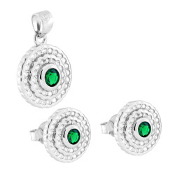 PARURE SET ORECCHINI E CIONDOLO TONDO VERDE SMERALDO CONTORNATO DA CUBIC ZIRCONIA BIANCHI IN ARGENTO 925 GALVANICA RODIO
