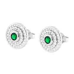 PARURE SET ORECCHINI E CIONDOLO TONDO VERDE SMERALDO CONTORNATO DA CUBIC ZIRCONIA BIANCHI IN ARGENTO 925 GALVANICA RODIO