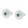 PARURE SET ORECCHINI E CIONDOLO TONDO VERDE SMERALDO CONTORNATO DA CUBIC ZIRCONIA BIANCHI IN ARGENTO 925 GALVANICA RODIO