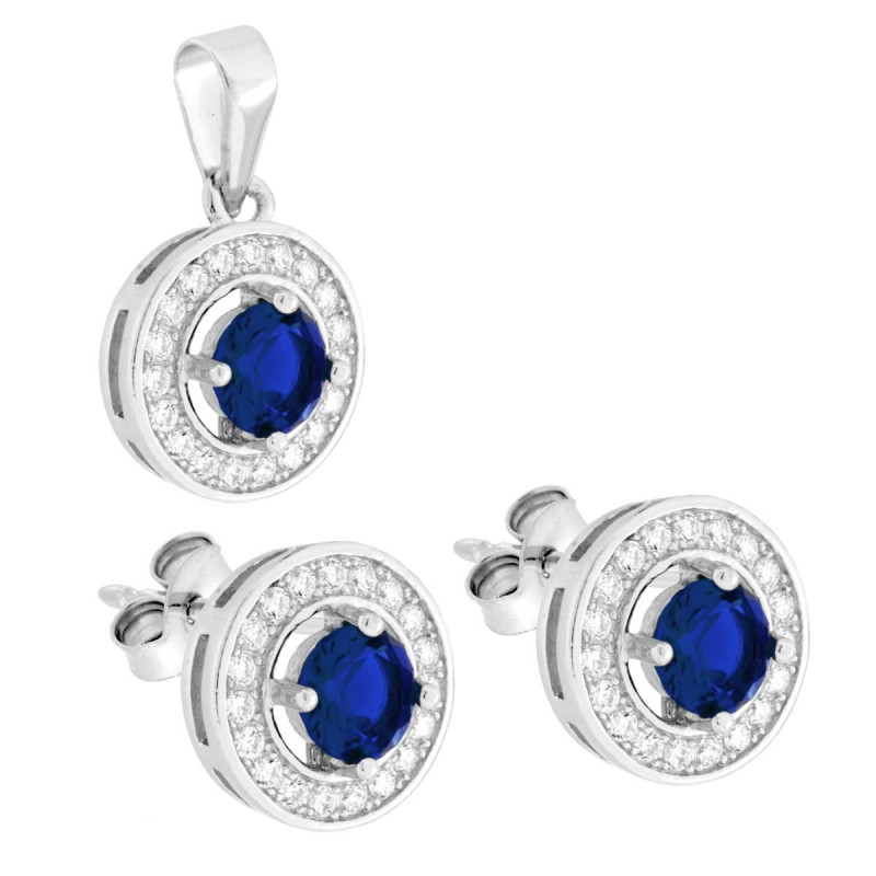 PARURE SET ORECCHINI E CIONDOLO TONDO BLU ZAFFIRO CONTORNATO DA CUBIC ZIRCONIA BIANCHI IN ARGENTO 925 GALVANICA RODIO