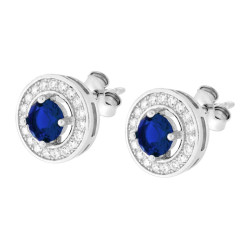 PARURE SET ORECCHINI E CIONDOLO TONDO BLU ZAFFIRO CONTORNATO DA CUBIC ZIRCONIA BIANCHI IN ARGENTO 925 GALVANICA RODIO