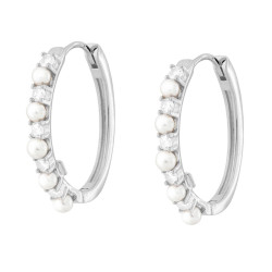 ORECCHINI CERCHIO OVALE SCATTINO CON CUBIC ZIRCONIA BIANCHI E PERLE IN ARGENTO 925 GALVANICA RODIO