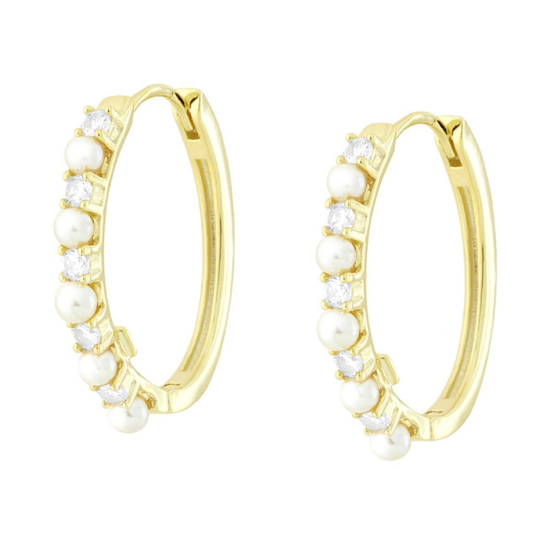 ORECCHINI CERCHIO OVALE SCATTINO CON CUBIC ZIRCONIA BIANCHI E PERLE IN ARGENTO 925 GALVANICA ORO