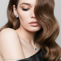 PARURE SET ORECCHINI E CIONDOLO CUORE BLU ZAFFIRO CONTORNATO DA CUBIC ZIRCONIA BIANCHI IN ARGENTO 925 GALVANICA RODIO