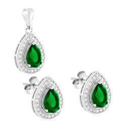 PARURE SET ORECCHINI E CIONDOLO GOCCIA VERDE SMERALDO CONTORNATO DA CUBIC ZIRCONIA BIANCHI IN ARGENTO 925 GALVANICA RODIO