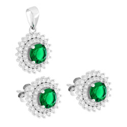 PARURE SET ORECCHINI E CIONDOLO TONDO VERDE SMERALDO CONTORNATO DA DUE GIRI DI CUBIC ZIRCONIA BIANCHI IN ARGENTO 925 GALVANICA R